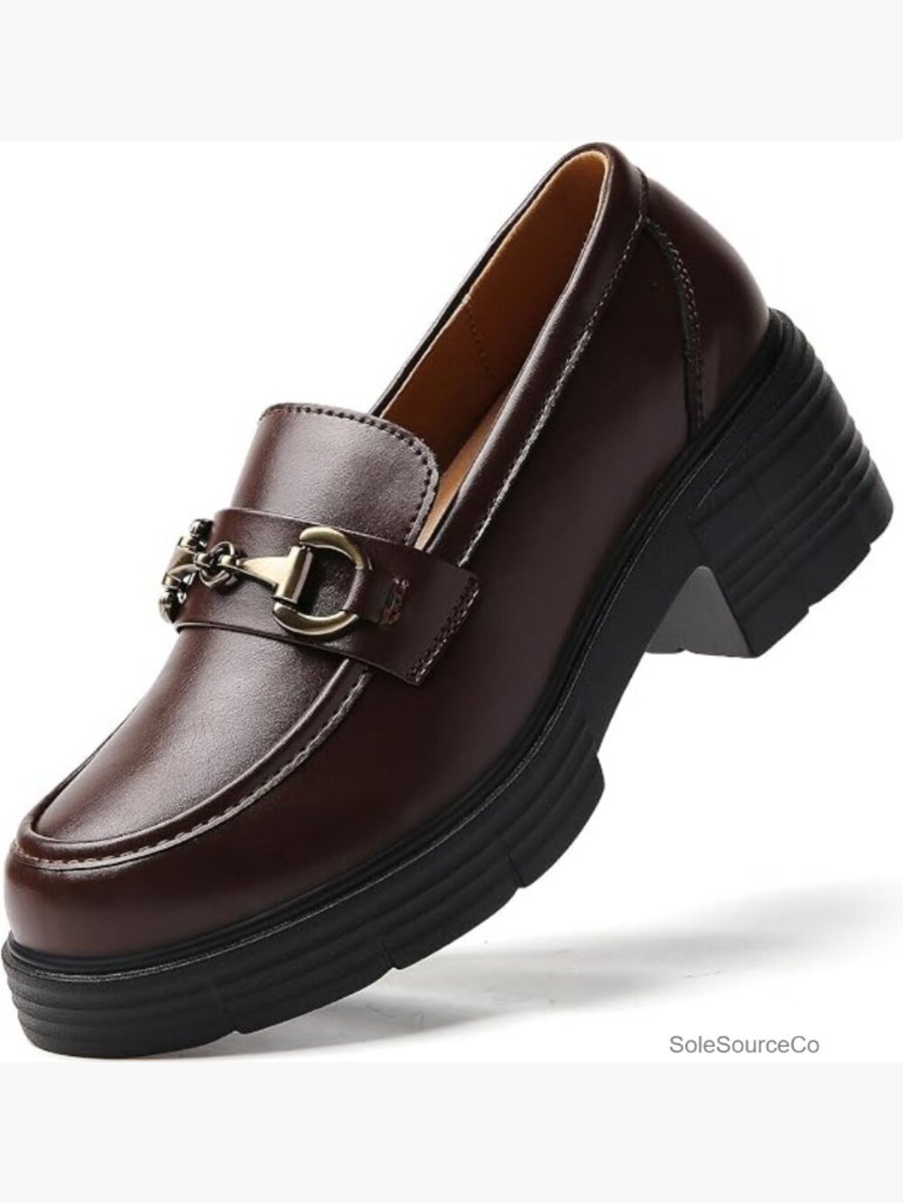Women's Chunky Platform Loafers Slip-Ons Gold Buckle Casual Office Work Shoes